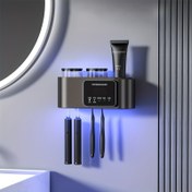 Resim USB şarj edilebilir lityum bataryalı UV akıllı diş fırçası sterilizatörü, delme gerektirmeyen elektrikli bardaklı tutucu, duvara monte edilen diş fırçası standı, ağız bakımı ve banyo kullanımı için uygun 