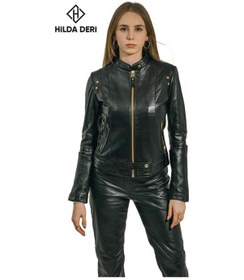 Resim Hilda Deri Viky Siyah Hakiki Deri Altın Renk Aksesuarlı Kadın Ceketi 001 