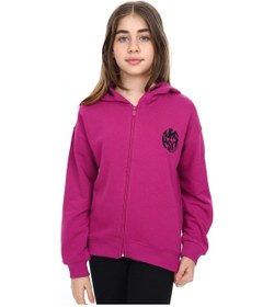 Resim Toontoy Kız Çocuk Kapüşonlu Fermuarlı Düşük Omuz Nakış Baskılı Yırtmaç Detaylı Örme Hırka - 3 İplik Şardonsuz Mürdüm 