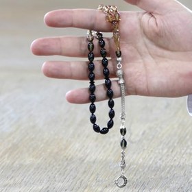 Resim Ateş Kehribar Tesbih - Metal Püsküllü - Özel Hediye Kutulu - Arpa Kesim - Süzme Beyaz Siyah Renk 