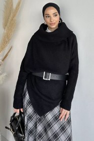 Resim Degaje Yaka Tesettür Triko Panço Siyah TZL-P-00020259 
