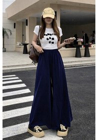 Resim Tarz Cool Kadın 2 İplik Oversize Bol Paça Tasarım Eşofman Altı Yüksek Bel Rahat Model Lacivert 