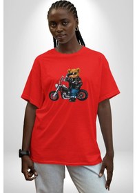 Resim Kask Güneş Gözlüğü Motor Ayı Pamuklu Bisiklet Yaka Unisex Oversize Boyfriend Dijital Baskılı Kırmızı T-shirt Kırmızı 