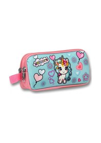 Resim Ümit Çanta Kız Çocuklar İçin İki Bölmeli Bebek Unicorn Baskılı Kalemlik - Pembe Turkuaz - 5050 Pembe - Turkuaz 