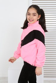Resim Toontoy Kız Çocuk Dik Yaka Fermuarlı Renk Bloklu Reglan Kol Polar Hırka - Beli Ayarlanabilir Lastikl 