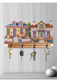 Resim 30x16 Cm 2d Ahşap Dört Metal Kancalı Uv Baskılı Mdf Duvar Askılığı Anaharlık Duvar Dekoratif Çok Renkli 