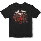 Resim The Baski Siyah Unisex Stranger Things Hell Fire Club Baskılı Kısa Kollu Çocuk T-shirt 