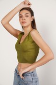 Resim Trist Star Olıv %100 Organik Pamuk Likralı Crop Triko Atlet Örme Bluz 
