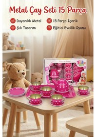 Resim Pembe Puantiyeli Metal Oyuncak Çay Seti 15 Parça - Eğitici Teneke Evcilik Mutfak Oyun Takımı 