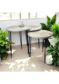 Resim Zigon Sehpa 3'lü Yuvarlak Model Metal Tel Ayak Beyaz Füme Beyaz - Atlantik Çam 