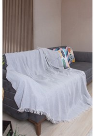 Resim Pamuklu Zikzak Desenli Püsküllü Koltuk Örtüsü 170x210 Cm Dekoratif Ve Çok Amaçlı Gri 