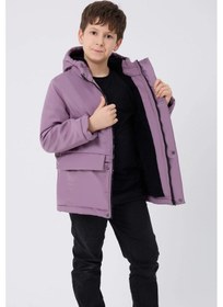 Resim Erkek Çocuk Kürklü Su Ve Rüzgar Geçirmez Kapüşonlu 3 Cep Kışlık Mont & Kaban & Parka-78 Lila 