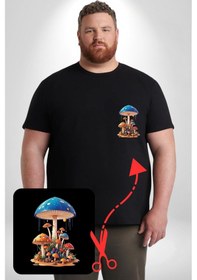 Resim Renkli Mantar Süsler Siyah Büyük Beden Kadın Basic Minimal Baskılı Tişört Siyah 