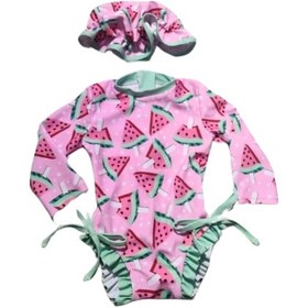 Resim Petityu Aşırı Şirin Güneş Korumalı Uzun Kollu Karpuz Desenli Pembe Mint Kız Çocuk Bebek Mayo Ve Şapka Set Pembe 