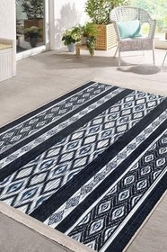 Resim RealHomes Lacivert Zeminde Etnik Motifli Kilim Desenli Vintage Etnik Motifler Ofis Kaymaz Taban Saçaklı Halı HaliDik-Deluxe-12092, 150 x 150 