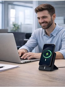 Resim 10000mah 20w Wireless Magsafe Kablosuz Powerbank Lüx Deri Standlı Taşınabilir Hızlı Şarj siyah 