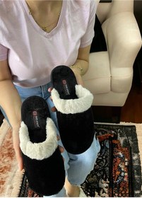 Resim Pelüş Kaymaz Taban Kışlık Ev Terlik Siyah-krem 