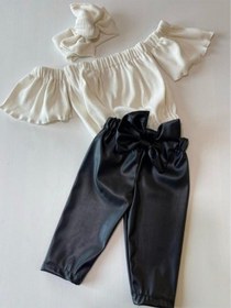 Resim Özge Başaran Kız Çocuk, Likralı Deri Fiyonk Detaylı Pantolon, Krem Straplez Crop Bluz Ve Saç Krem 