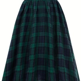 Resim Kadın Vintage Yüksek Belli A Kesim Etek - Düğmeli, Şık Kırmızı & Ekose Etek, Ofis, Resmi Etkinlikler, Tüm Sezonluk Resmi & Günlük Kombinler için Esnemeyen Kumaş - Kolay Bakım Günlükten Partiye Etek 