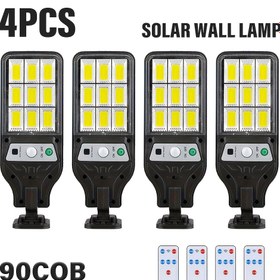 Resim 4 adet LiHangStar 90COB Güneş Enerjili LED Güvenlik Işıkları, Uzaktan Kumanda ile, 3 Aydınlatma Modu, Kablosuz Hareket Sensörü, IP44 Duvar Lambası, Kolay Kurulum, Bahçe, Garaj, Patio, Yolu, Otopark Dekorasyonu için Uygun 
