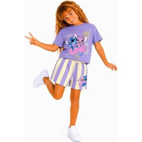 Resim Cg Kids Stitch Baskılı Kız Çocuk Şortlu Takım - Lila Renk Yazlık Çocuk Takımı Mor - Lila 