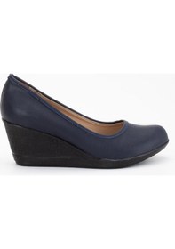 Resim Dilimler Ayakkabı Dolgu Taban Suni Deri Ortopedik Lacivert Siyah Kadın Dolgu Topuklu Ayakkabı-3426 Lacivert 