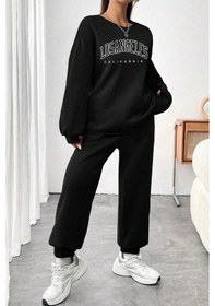 Resim Unisex Los Angles Baskılı Bisiklet Yaka Eşofman Takımı Siyah 