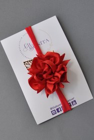 Resim El Yapımı Altın Yaprak Süslemeli Kırmızı Kız Bebek-çocuk Iz Yapmaz Gül Modeli Saç Bandı/bandanası 