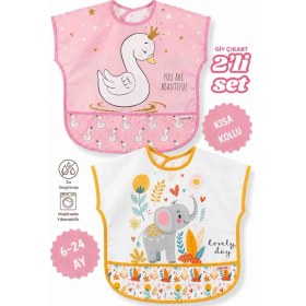 Resim UmBaby Su Geçirmez Bebek Mama Önlüğü 2’li Set - Kısa Kollu, Yıkanabilir, 6-24 Ay (Sevimli Desenli) 
