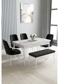 Resim Jusie Beyaz Mermer Desen 80x132 Açılabilir Yemek Odası Takımı 4 Sandalye, 1 Bench Siyah 