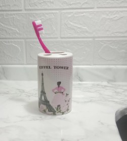 Resim 2 Adet Seramik Diş Fırçalık Eyfel Kulesi Model 7x7x11cm Banyo Seti Çok Renkli 