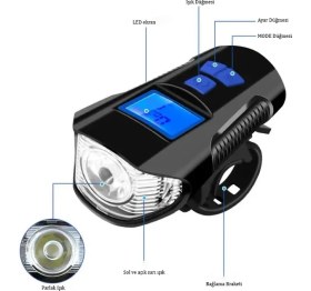 Resim Monozone Bisiklet Hız Göstergesi Km Sayaç Fener Korna Lcd Ekran Ön Far Lamba 3in1 Gidon 