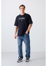 Resim Tommy Life Lacivert Pamuklu Kalın Yumuşak Dokulu Oversize Fit Baskılı Erkek T-shirt - 88320 Lacivert 