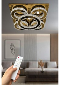 Resim İncezar Taşlı Plafonyer Led Avize - Kumandalı / Gold Gold 