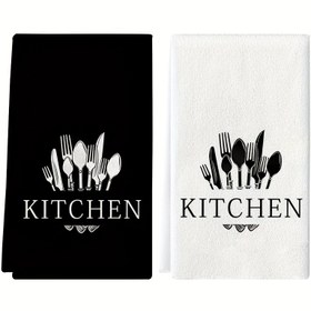 Resim Set of 2 Mutfak Havluları Siyah ve Beyaz Çatal Bıçak Baskıları ile, Modern Emicilik için Ultra-Fine Mikrofiberden Yapılmıştır. Pişirme, Fırınlama, Bulaşık Yıkama ve El Kurutma için İdeal, Bu Süper Yumuşak Havlular Mutfak Dekoru, Komşular, Anneler, Doğum Günleri veya Sevimli Ev Hediyesi için Mükemmel. Mutfak Aksesuarları ve Günlük Gereksinimler. 