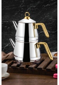 Resim Özlife Mercan Aile Boyu Çaydanlık Takımı Sade Gold 1,25 Lt / 2 Lt - 1019 Gri 