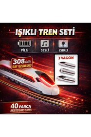 Resim YILDIRIM OYUNCAK Pilli Led Işıklı Sesli 40 Parça Raylı Aksesuarlı Vagonlu 308 cm Tren Seti 