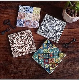 Resim Etnik Desen Taş Bardak Altlığı Seti - 4 Parça - Dekoratif, Rustik Mutfak Aksesuarı, 10x10 cm, Kaydırmaz Tabanlı, Şık ve Dayanıklı SC276 