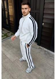Resim Erkek Çift Şeritli Eşofman Takım Dik Yaka Fermuarlı Sweatshirt Boru Paça Alt, Oversize 3 Iplik Pamuklu - Beyaz Beyaz 