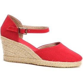 Resim Star Tombis Gerçek Elişi Bilekten Bantlı Topuğu Açık Keten Espadril Dolgu Topuk Handmade Kırmızı 