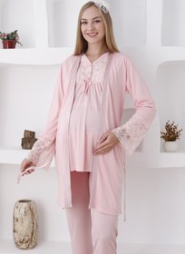 Resim Uzun Kol ve Düğmeli Lohusa Pijama Takımı/3lü Hamile Pijama ve Sabahlıklı Takım - 3424 - Somon / M / Terlik ve Taç İstiyorum + 300₺ 