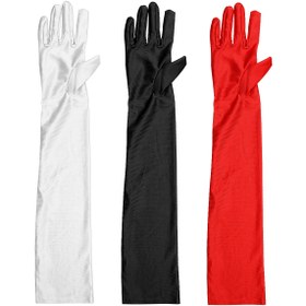 Resim 2 adet Uzun Saten Kol Boyu Opera Eldiveni Kadınlar için - Siyah, Beyaz, Kırmızı 