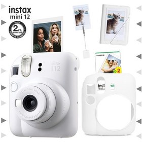 Resim Fujifilm Instax Mini 12 Fotoğraf Makinesi + 20'li Film + Kıskaçlı Stand + Mini Albüm + Silikon Kılıf Seti Beyaz 