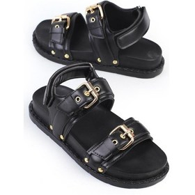 Resim Shoetek Tarisa Kadın Sandalet Bantlı Tokalı Siyah Deri Siyah 