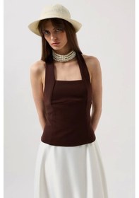 Resim Defymoda Kalın Askılı Crop Bluz Kahverengi 