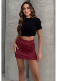 Resim Lesa Wear Yüksel Bel Simli Mini Kalem Etek Bordo 