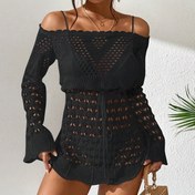 Resim Kadınların Seksi Omuzları Açık Örgü Kapak Elbisesi - Yüksek Esneklikli Hollow Bel Monokini, Ayarlanabilir Bağcıklı, Düz Renk Plaj Giyimi, Havuz Kenarı ve Yaz Gezileri İçin Sevimli Mayo, Havuz Kenarı Kıyafeti, Bikini Stili, Yüksek Esneklikli Kumaş 