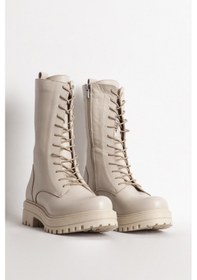 Resim Kadın Postal Kalın Tabanlı Fermuarlı Günlük Bot Gerçek Deri Br 66159 Bej Bej 