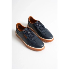 Resim Navro Erkek Lacivert Hakiki Deri Casual Sneaker Ayakkabı 