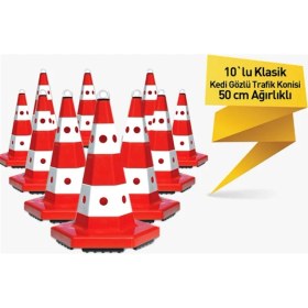 Resim Evelux 10 Adet Klasik Kedi Gözlü Trafik Konisi 50 cm Trafik Dubası 